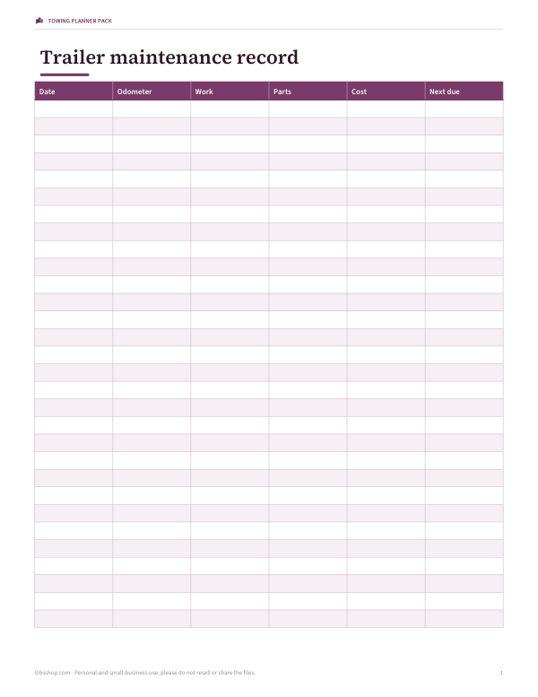 Preview of Printable Trailer Maintenance Record